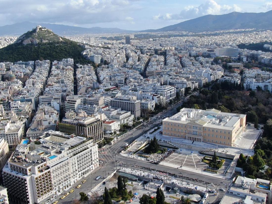 Aerial of central Athens — Syntagma, the Parliament and Lycabettus Hill